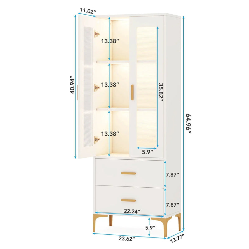 Bookcase With Doors, Drawers & RGB LED Light Tall Storage Cabinet For Living Room - White by HouseOfZazla