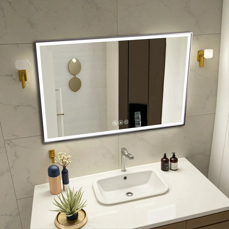 Modern LED Bathroom Vanity Mirror With Aluminum Frame, 45° Beveled Lights, Anti Fog - Silver by HouseOfZazla