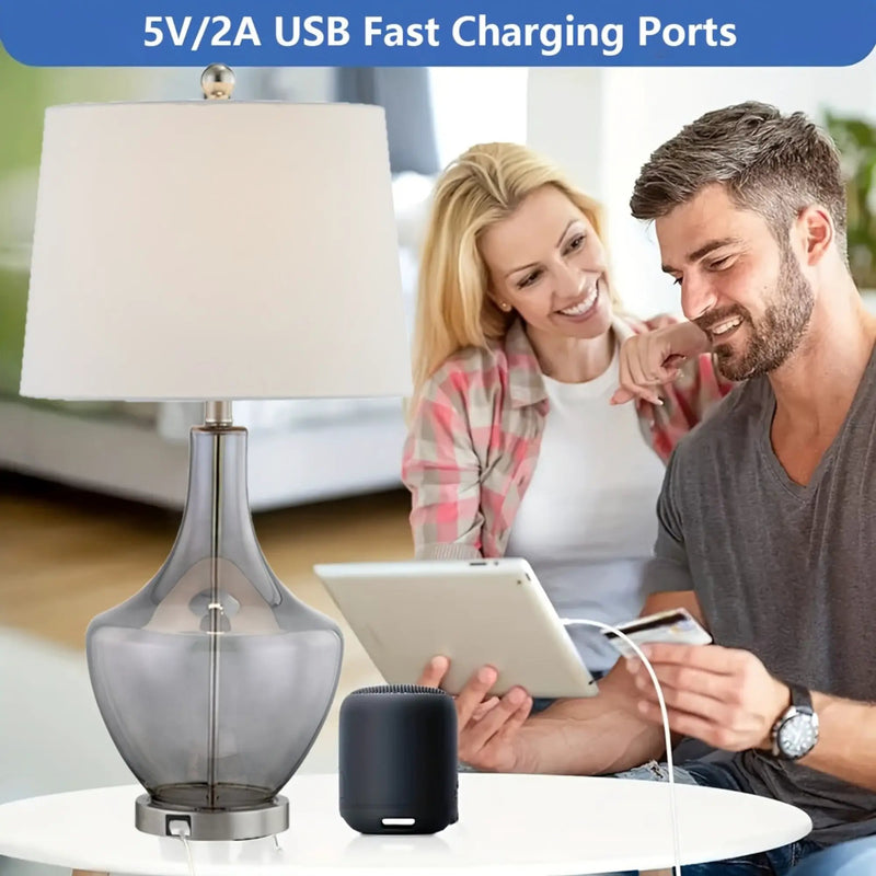 26-Inches Tall Single Glass Table Lamp with USB Charging Port by HouseOfZazla