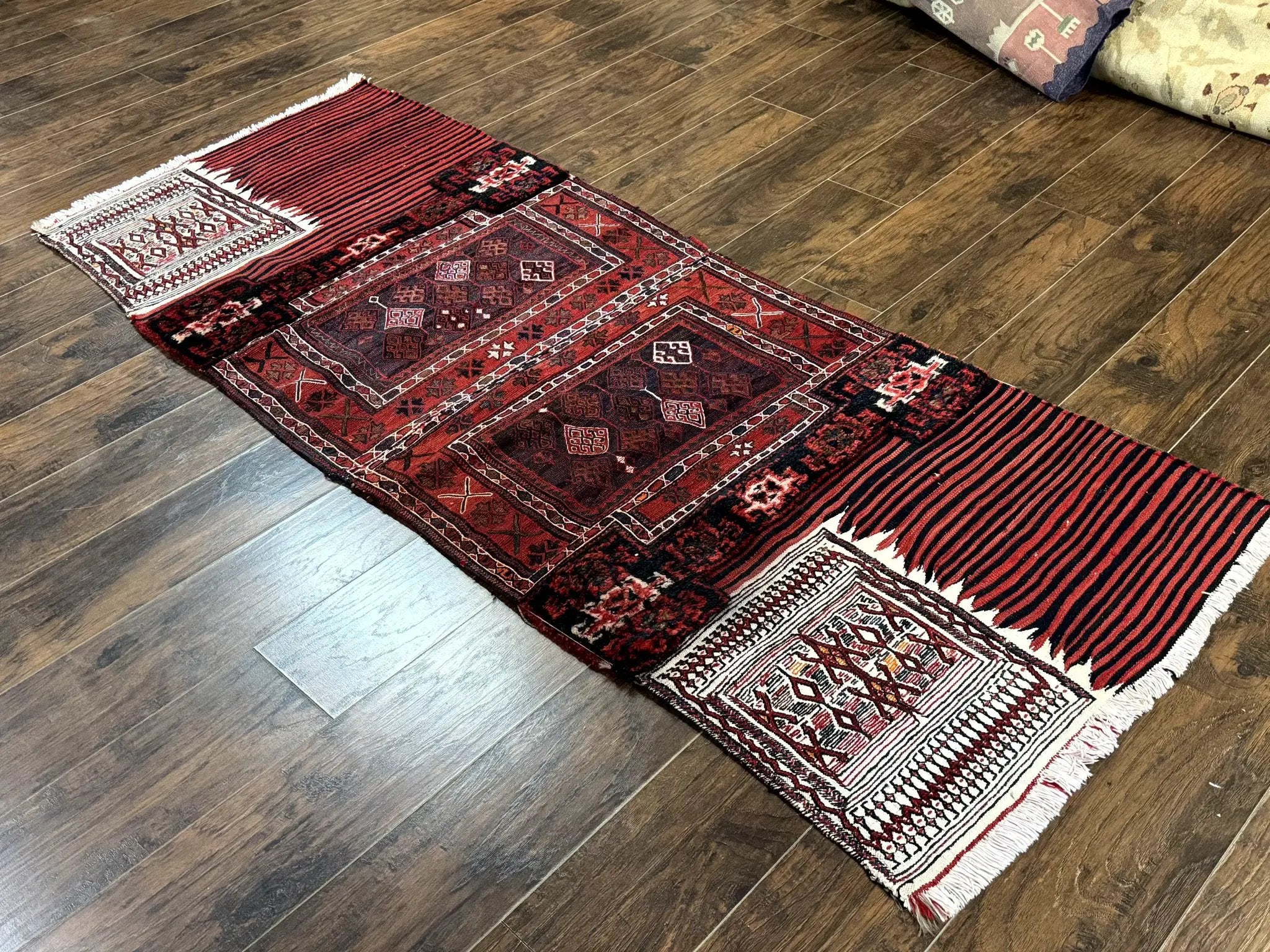 Persian Tribal Nomadic Saddle Cover Rug, Antique, Handmade, Wool, Red Ivory Black, Collectible, Shahsavan by Jewel Rugs