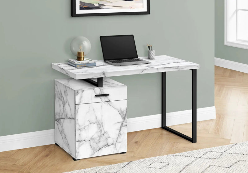 Computer Desk, Home Office, Laptop, Left, Right Set-Up, Storage Drawers, Work, Marble Look Laminate, Contemporary, Modern - White by Unique Piece Furniture