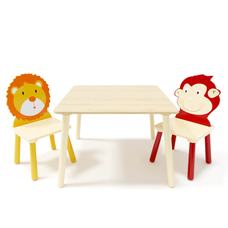 Kids Table And 2 Chairs Set, 3 Pieces Toddler Table And Chair Set, Wooden Activity Play Table Set (Lion&Monkey) - Natural by HouseOfZazla