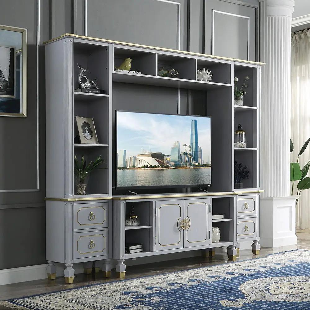 House Marchese - Entertainment Center - Gold Trim & Pearl Gray by Unique Piece Furniture