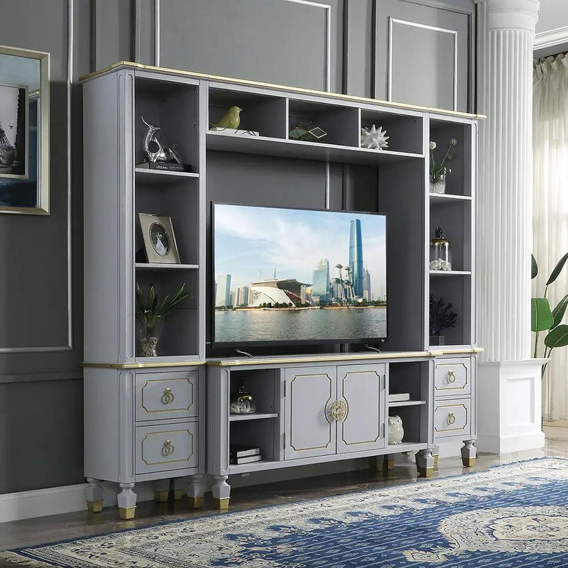 House Marchese - Entertainment Center - Gold Trim & Pearl Gray by Unique Piece Furniture