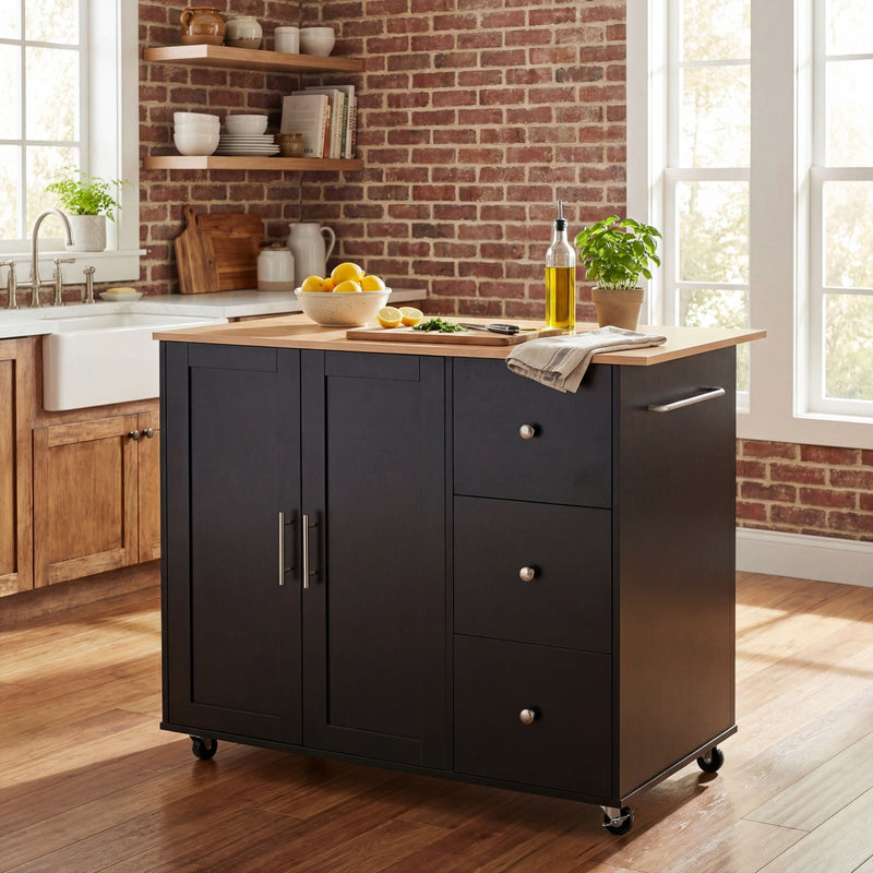 Mobile Kitchen Cart With Storage With 2 Doors, 3 Drawers & Adjustable Shelf - Black / Natural by HouseOfZazla