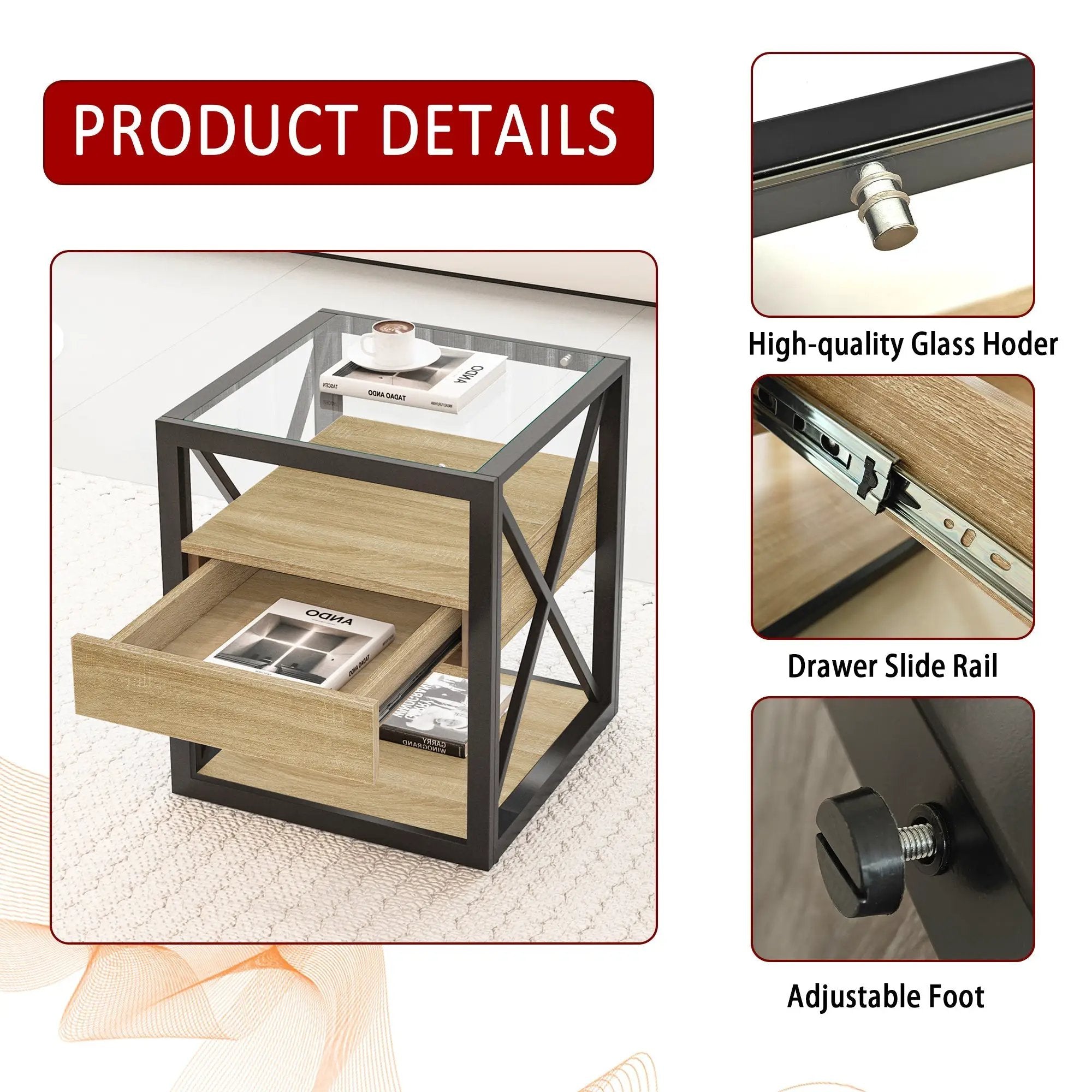 1 Piece Modern End Table with Drawer - Natural Wood & Tempered Glass by HouseOfZazla