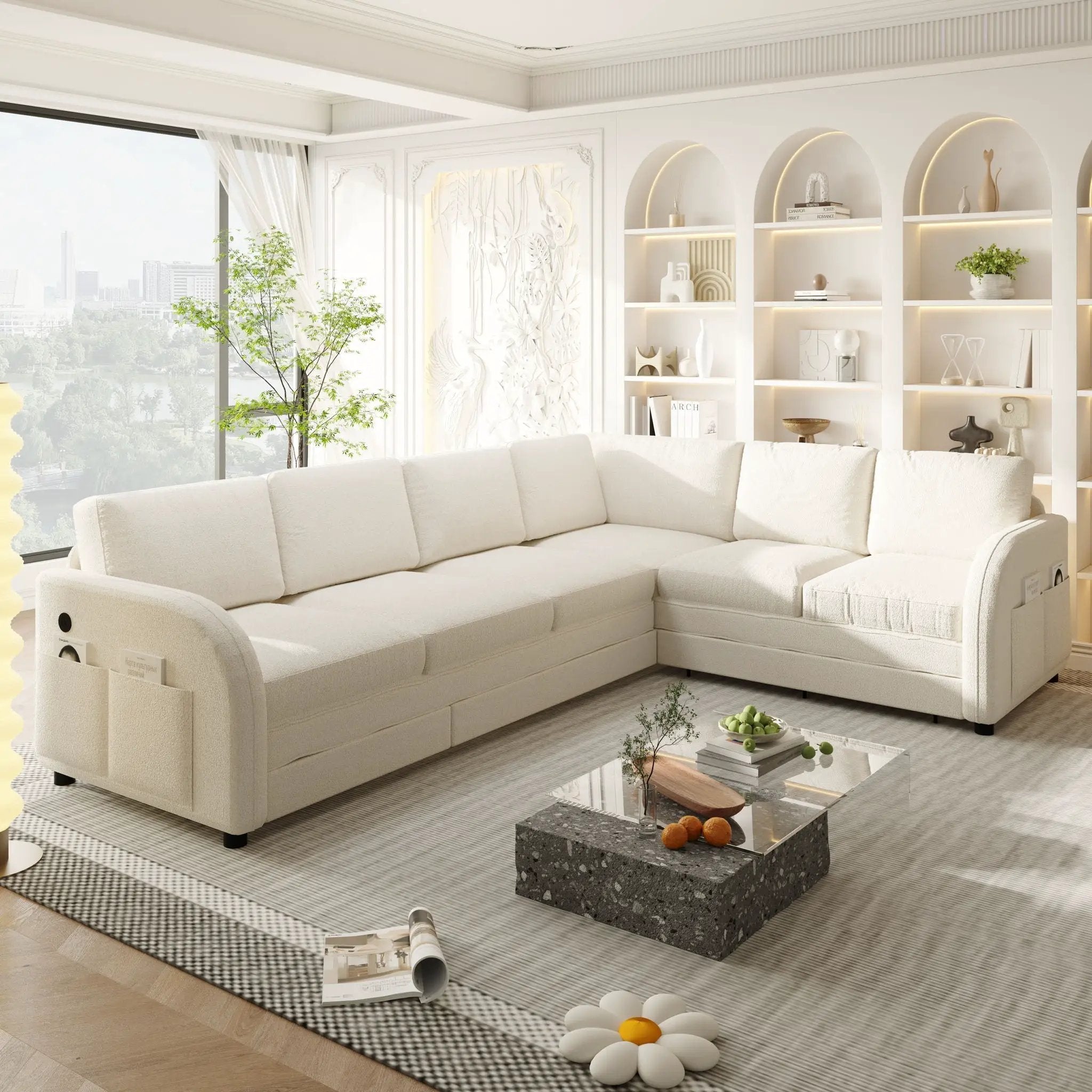 L-Shaped Couch With Pull-Out Bed, Convertible Sleeper Sofa With Side Pocket & USB Port by HouseOfZazla