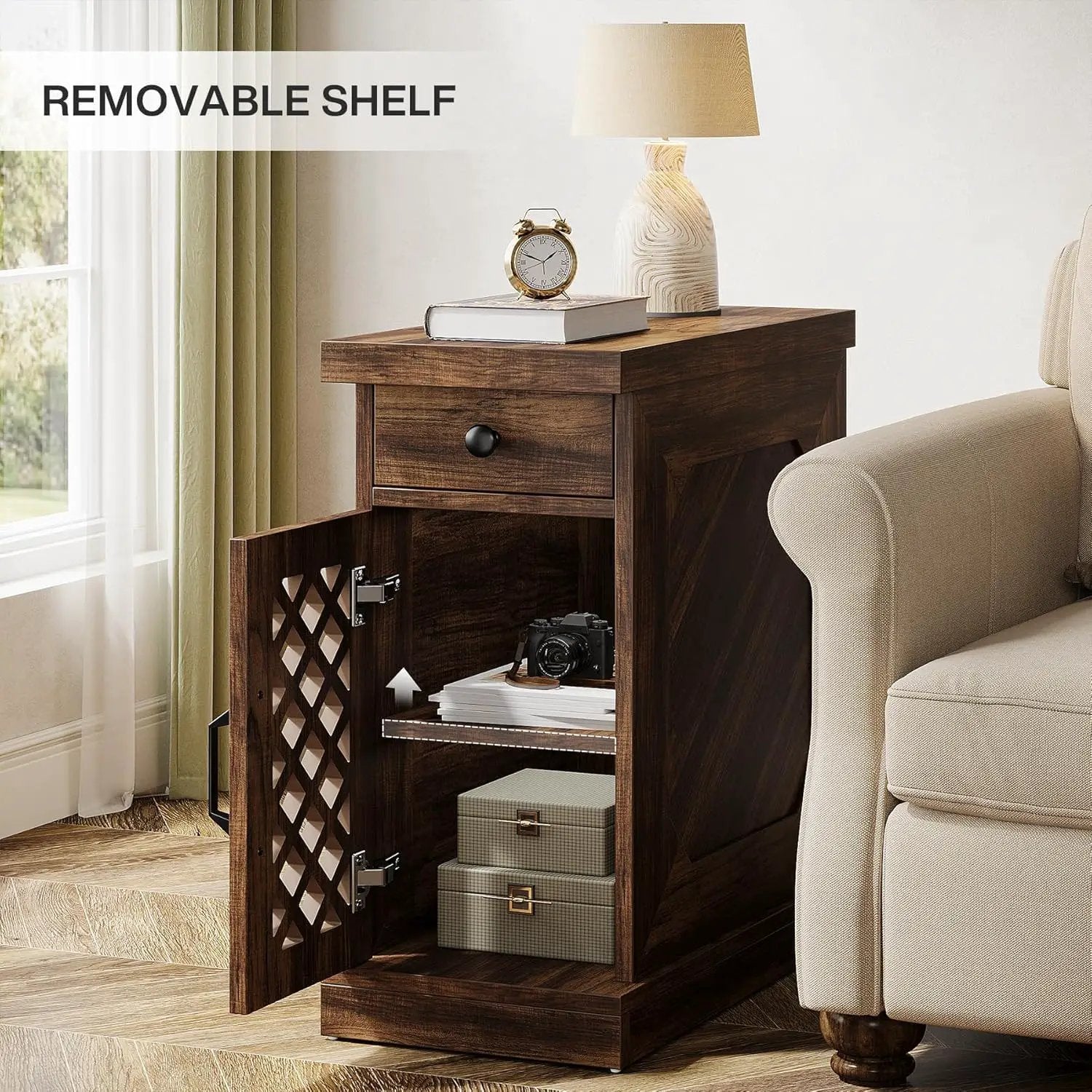Narrow End Table With Drawer & Cabinet, Nightstand For Small Spaces - Brown by HouseOfZazla