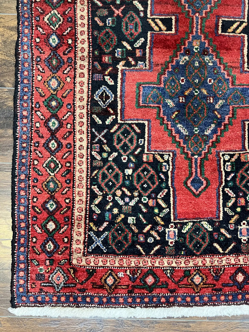 Persian Kurdish Senneh Runner Rug 3x9, Red Navy Blue, Medallions Wool Tribal Runner for Kitchen/Hallway 9ft Antique Handmade Oriental Runner by Jewel Rugs