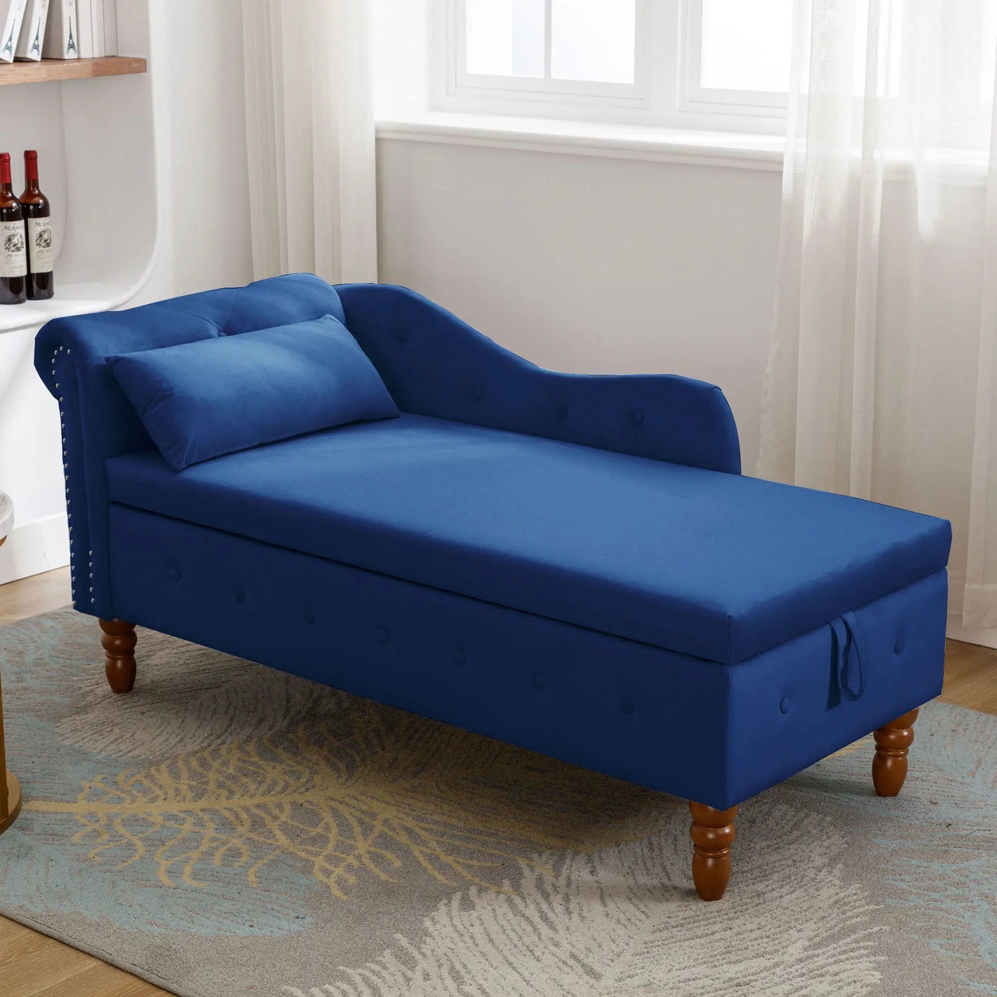 Chaise Lounge Indoor, Lounge Chair For Bedroom With Storage & Pillow, Modern Upholstered Rolled Arm Chase Lounge For Sleeping With Nailhead Trim For Living Room Bedroom Office by HouseOfZazla