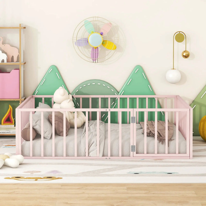 Metal Floor Bed Frame With Fence And Door by HouseOfZazla