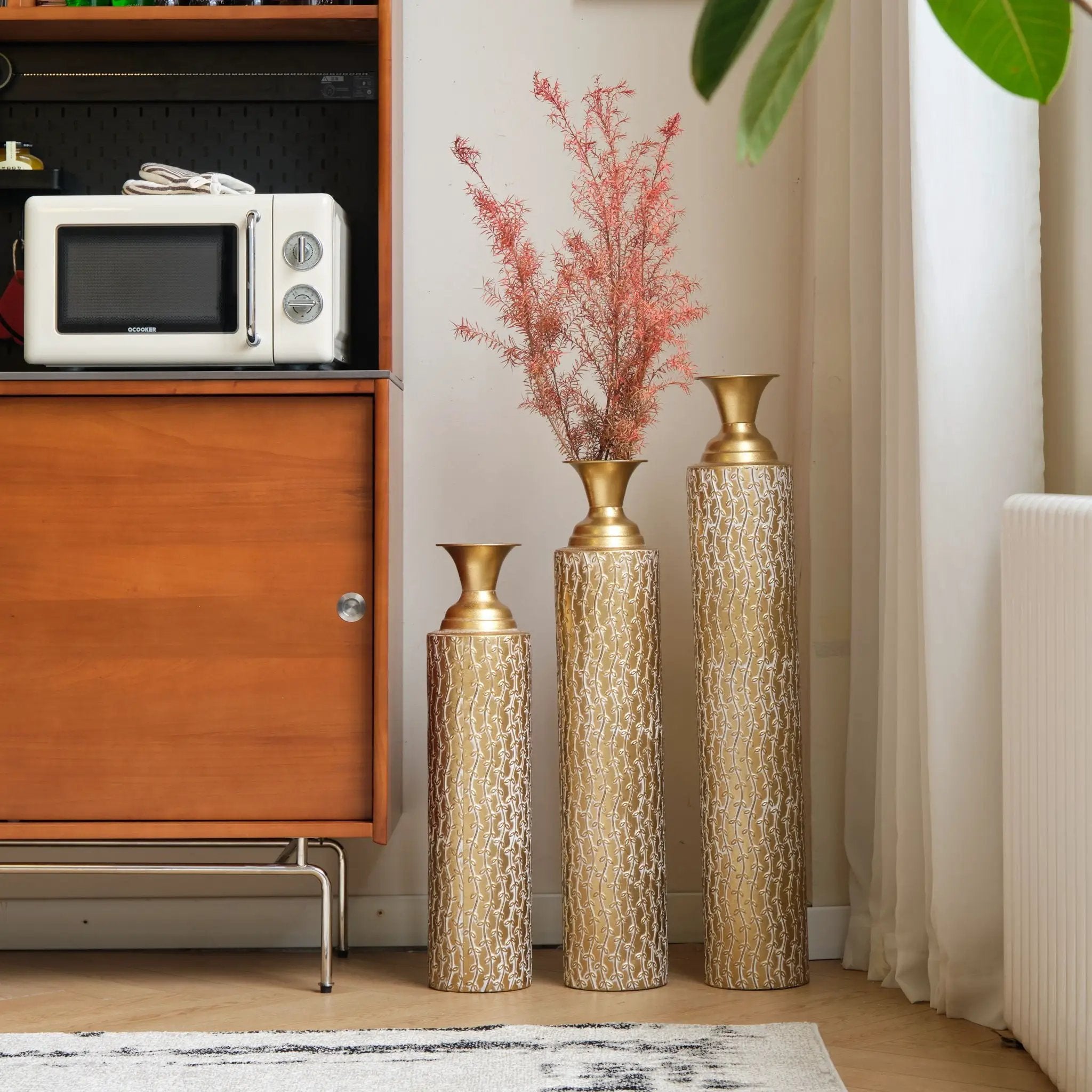 Metal Decorative Vases High Distress Metal Center Vases With Growing Vine Patterns, (Set of 3) Vases For Home Decoration - Gold by Unique Piece Furniture