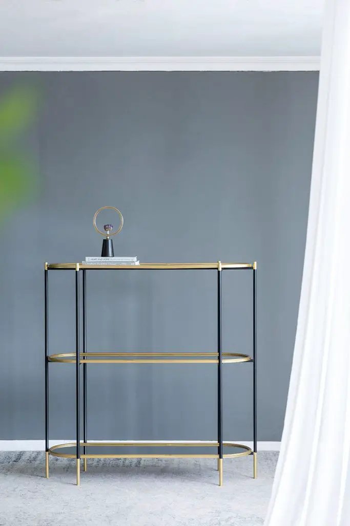 3 Tier Metal Console Table, Mirrored Shelf - Golden Black by Unique Piece Furniture