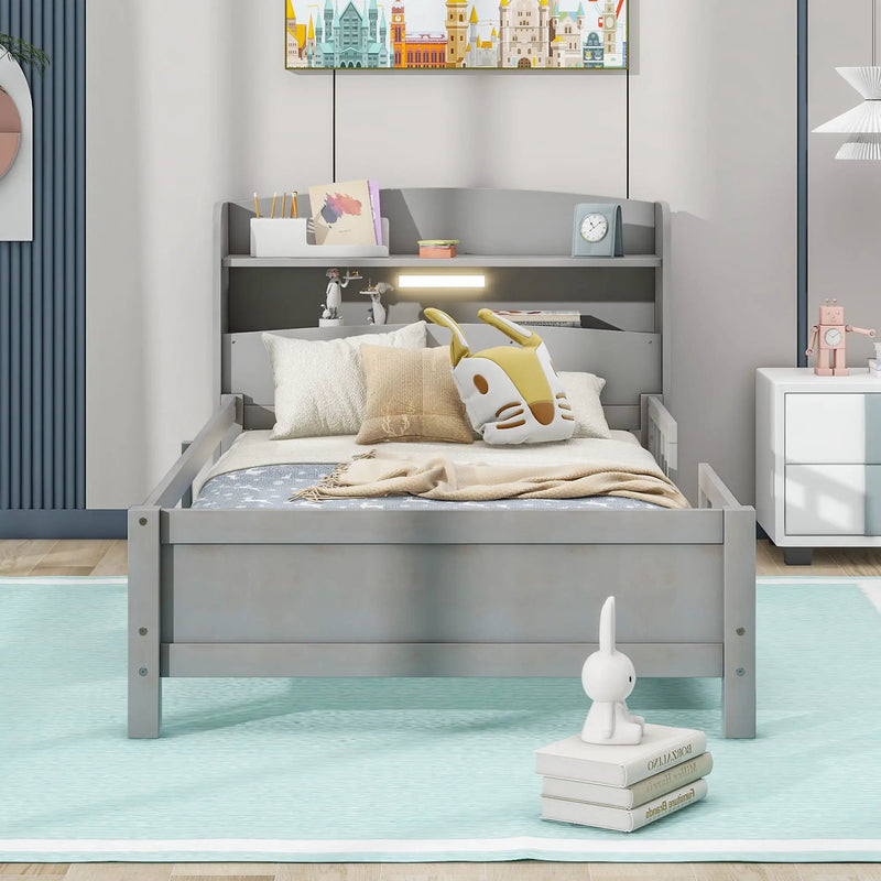 Wood Platform Bed With Built In LED Light, Storage Headboard And Guardrail by Unique Piece Furniture