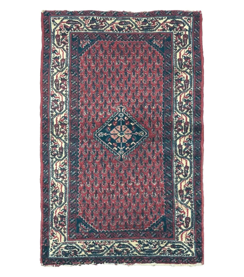 2.5' X 4' Vintage Handmade Indian Amritsar Wool Rug Paisley Design Red by Jewel Rugs