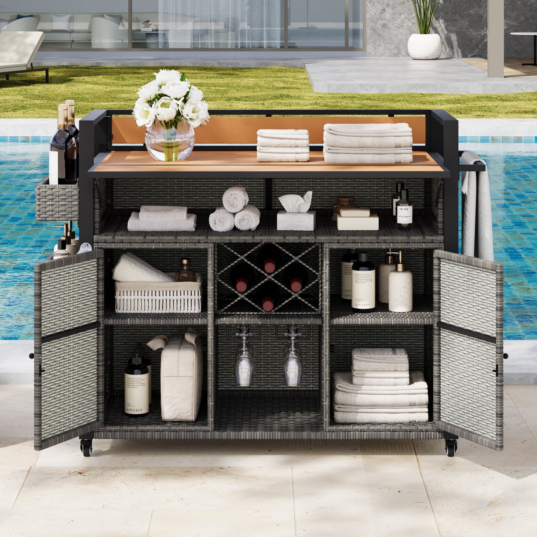 K&K 52.8"W Wicker Outdoor Grill Cart with Extended Table Top by HouseOfZazla