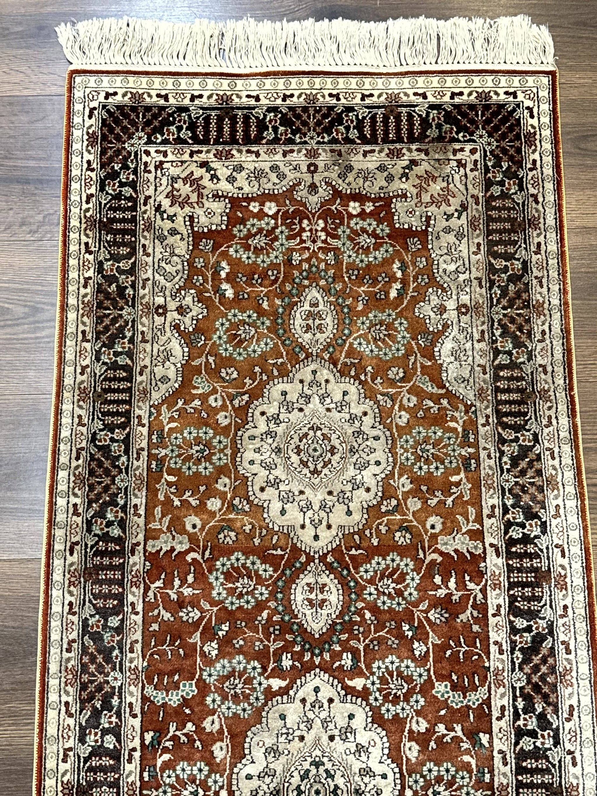 Turkish Silk Narrow Runner Rug 2 x 5.8, Very Fine 340 KPSI, Floral Medallions, Red by Jewel Rugs