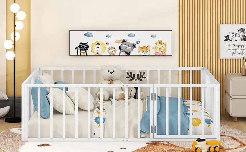 Metal Floor Bed Frame With Fence And Door by HouseOfZazla