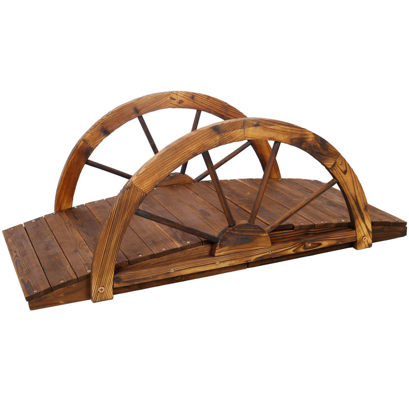Wooden Garden Bridge Arc Footbridge With Half Wheel Railings Solid Fi - Brown by HouseOfZazla