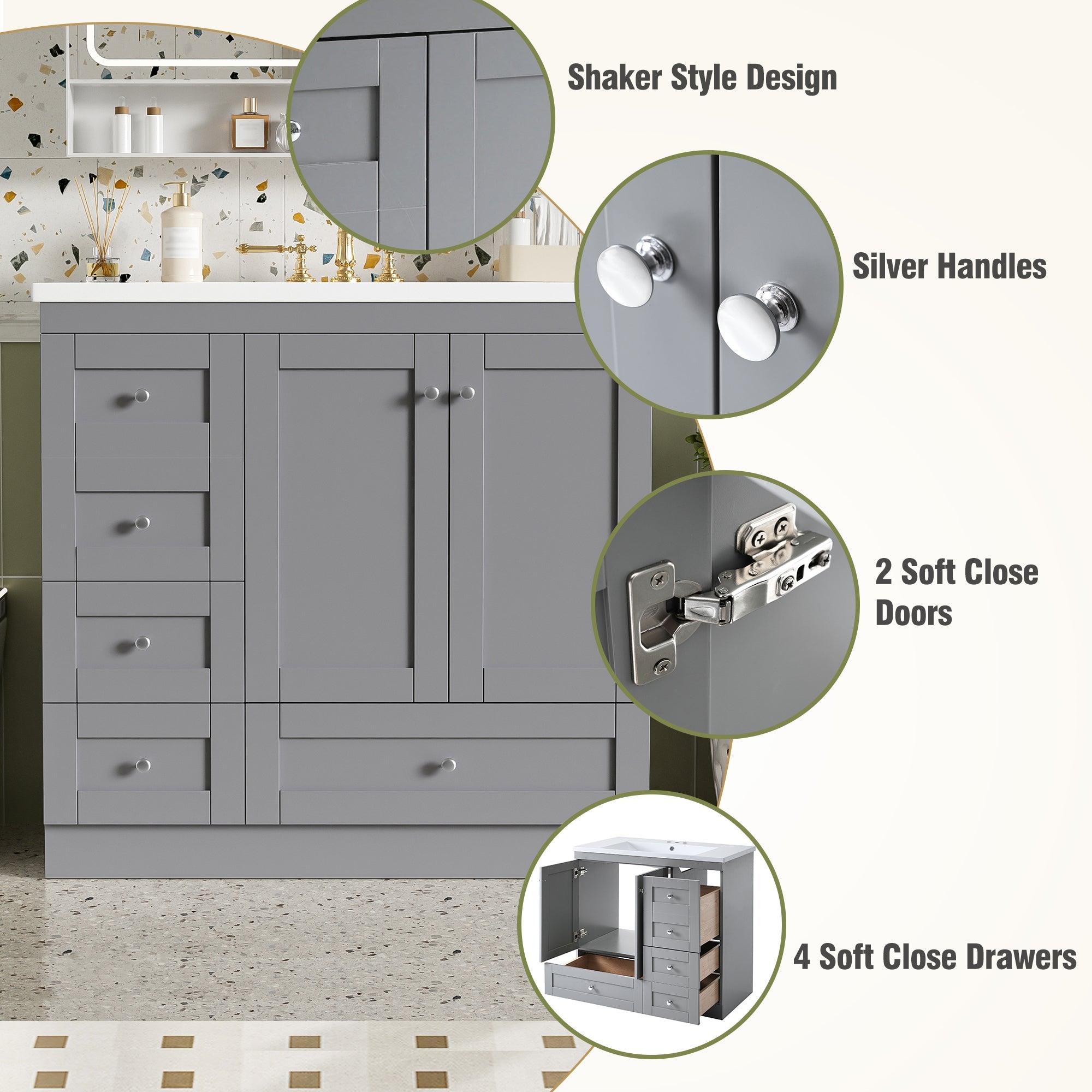 36 Inch Shaker Style Free-Standing Bathroom Vanity Cabinet with Sink by HouseOfZazla