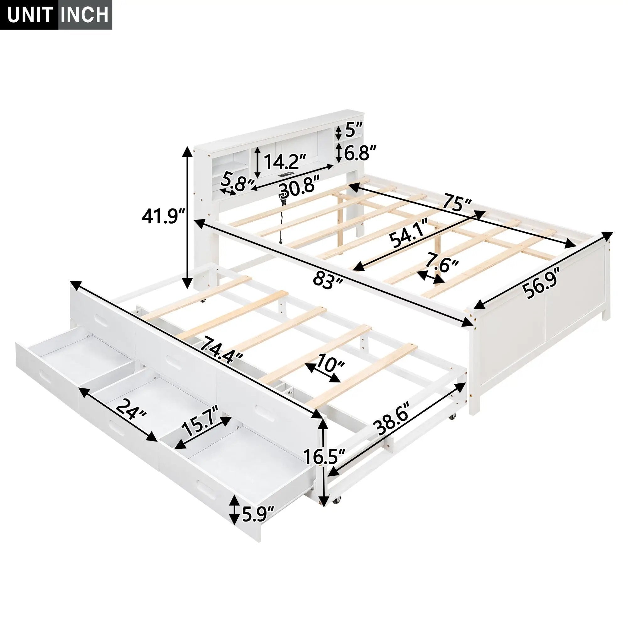 Platform Bed With Storage Headboard, USB, Trundle And 3 Drawers by Unique Piece Furniture