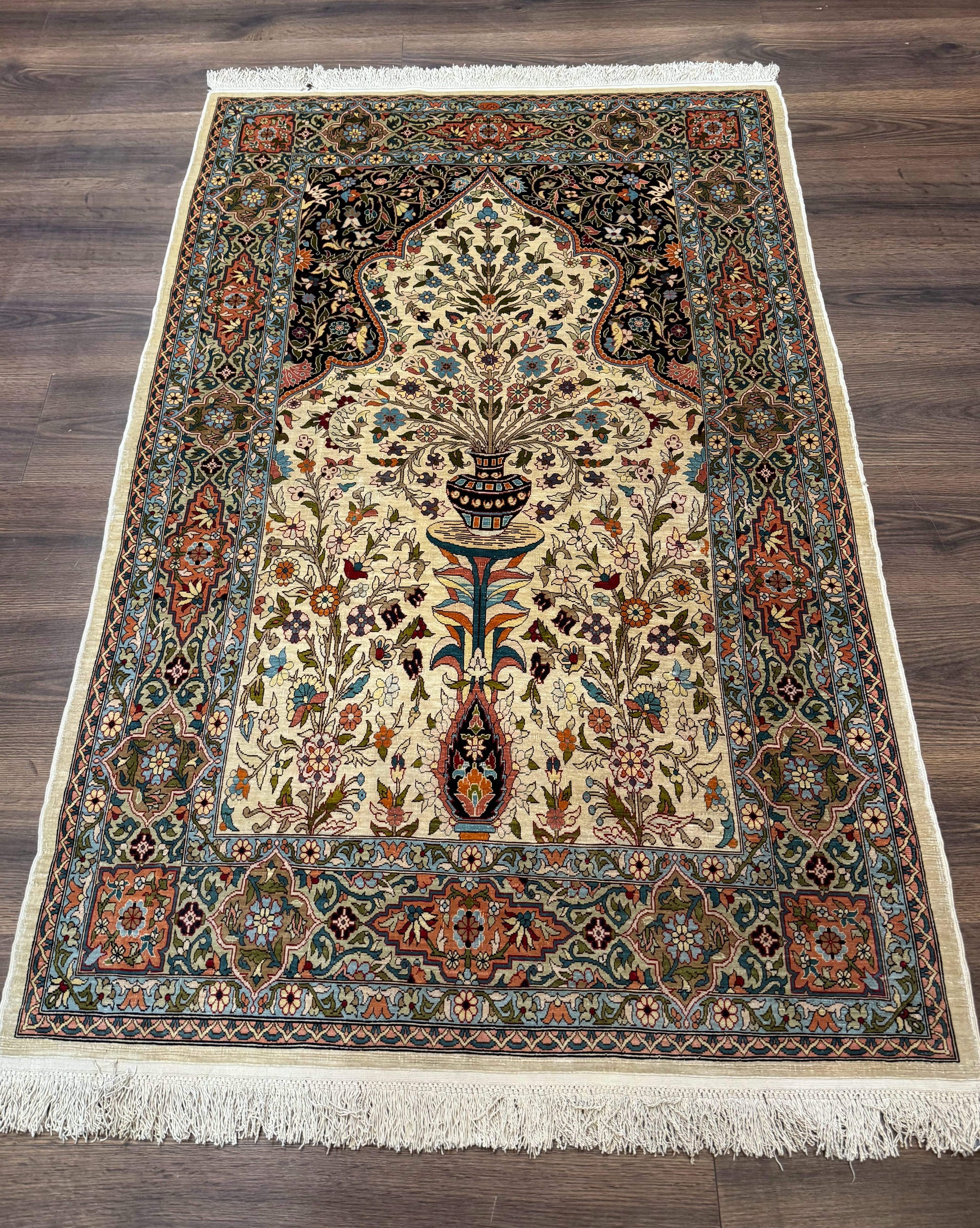 Rare Turkish Hereke Silk Rug 3x5, Tree of Life Persian Vase Design, Very Fine 440 KPSI, Signed by Jewel Rugs