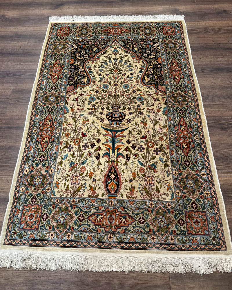 Rare Turkish Hereke Silk Rug 3x5, Tree of Life Persian Vase Design, Very Fine 440 KPSI, Signed by Jewel Rugs