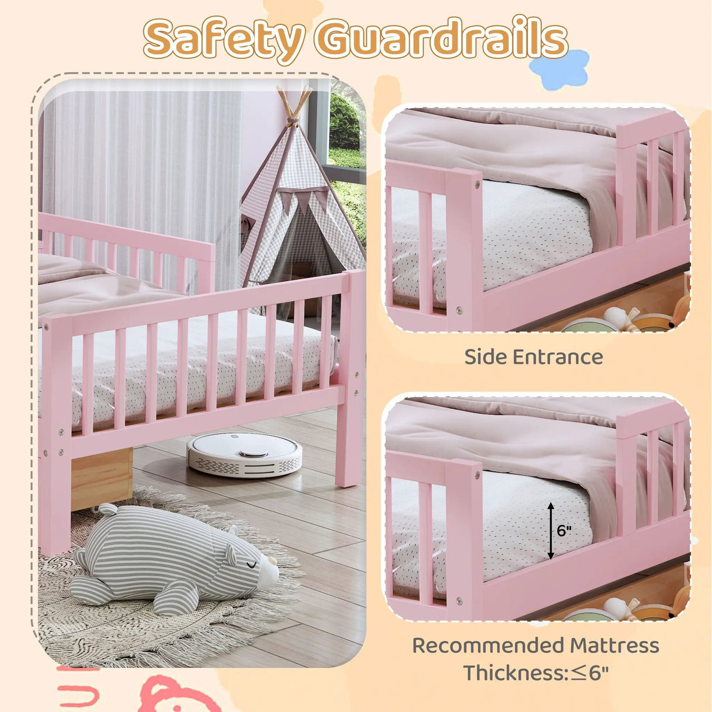 Bed With Headboard Storage Rack, 2 Under Bed Drawers, 3 Side Guardrails For Safety by HouseOfZazla
