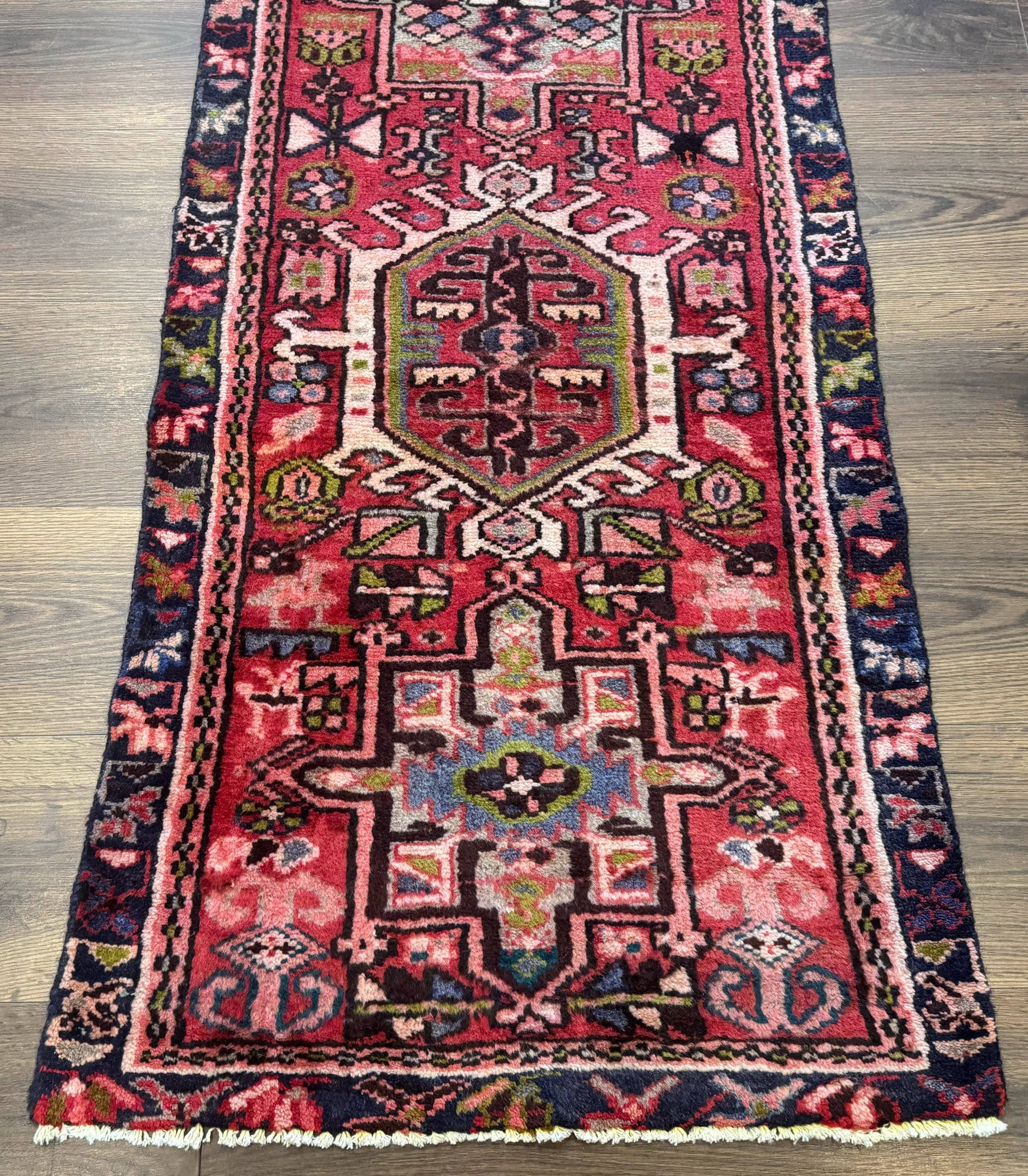 Persian Heriz Karajeh Runner Rug 2x9, Geometric Medallions, Red Navy Blue, 2 x 9 Rug for Hallway by Jewel Rugs