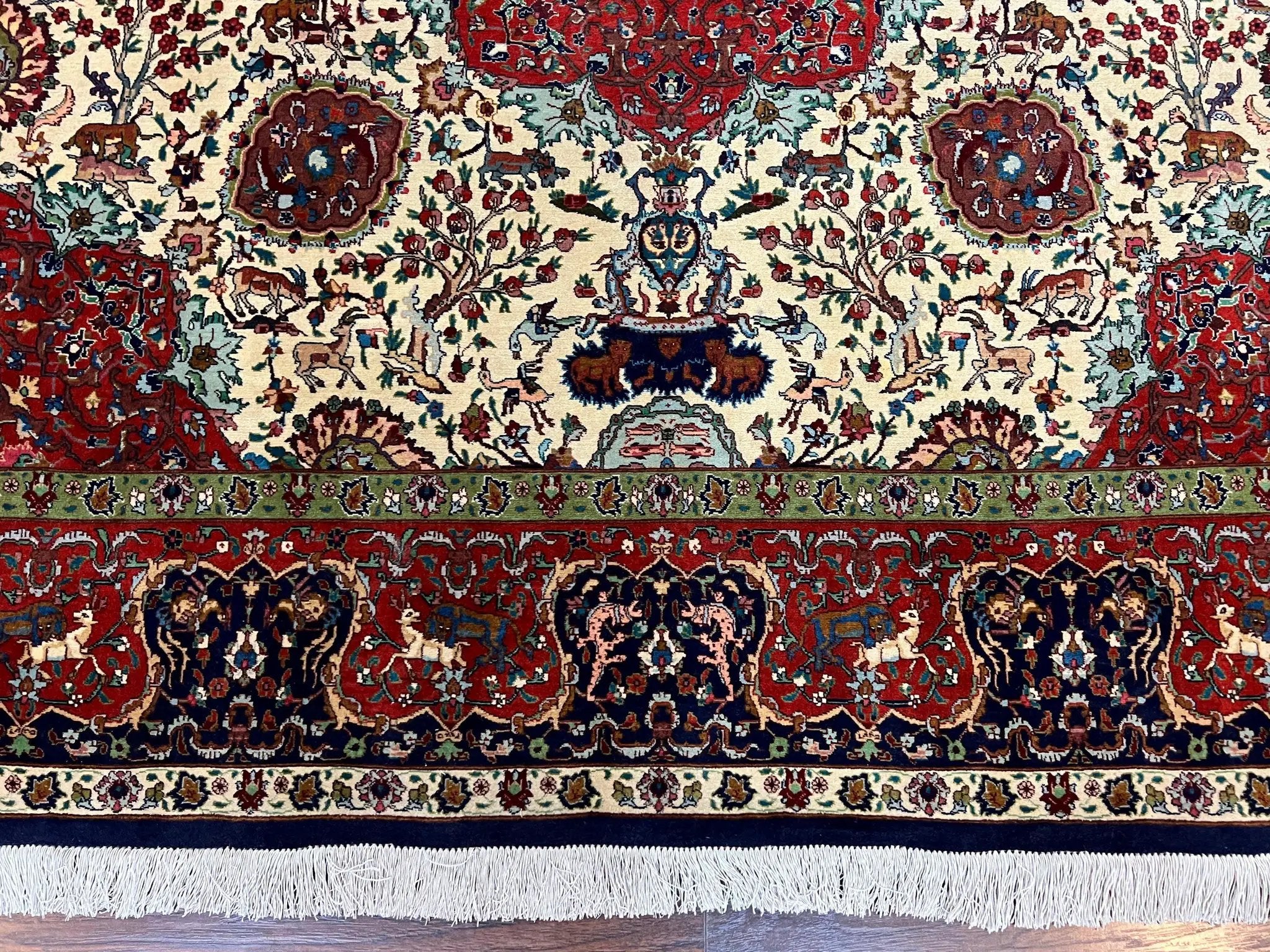 Wonderful Sino Persian Rug 6x10 with Animal Pictorial Motifs, Cream Dark Red Navy Blue, Birds Gazelles, Two Medallions, Top Quality Handmade by Jewel Rugs