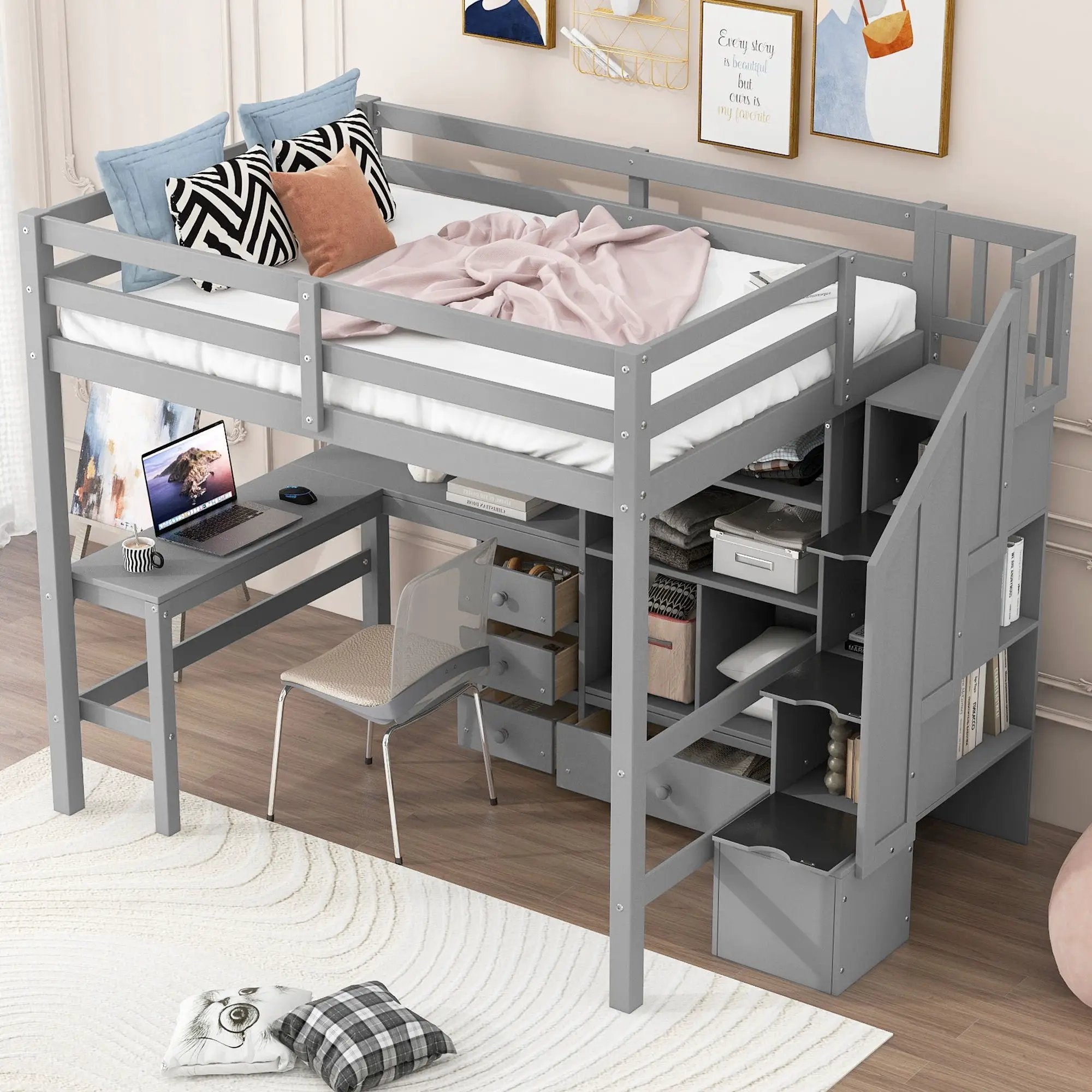 Loft Bed & L Shaped Desk, Drawers, Cabinet, And Storage Staircase by Unique Piece Furniture