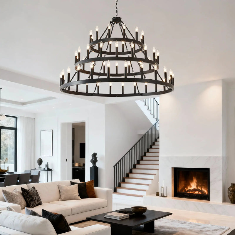 3 Tiers Wagon Wheel Chandelier - 54-Light Matte Black Metal by HouseOfZazla