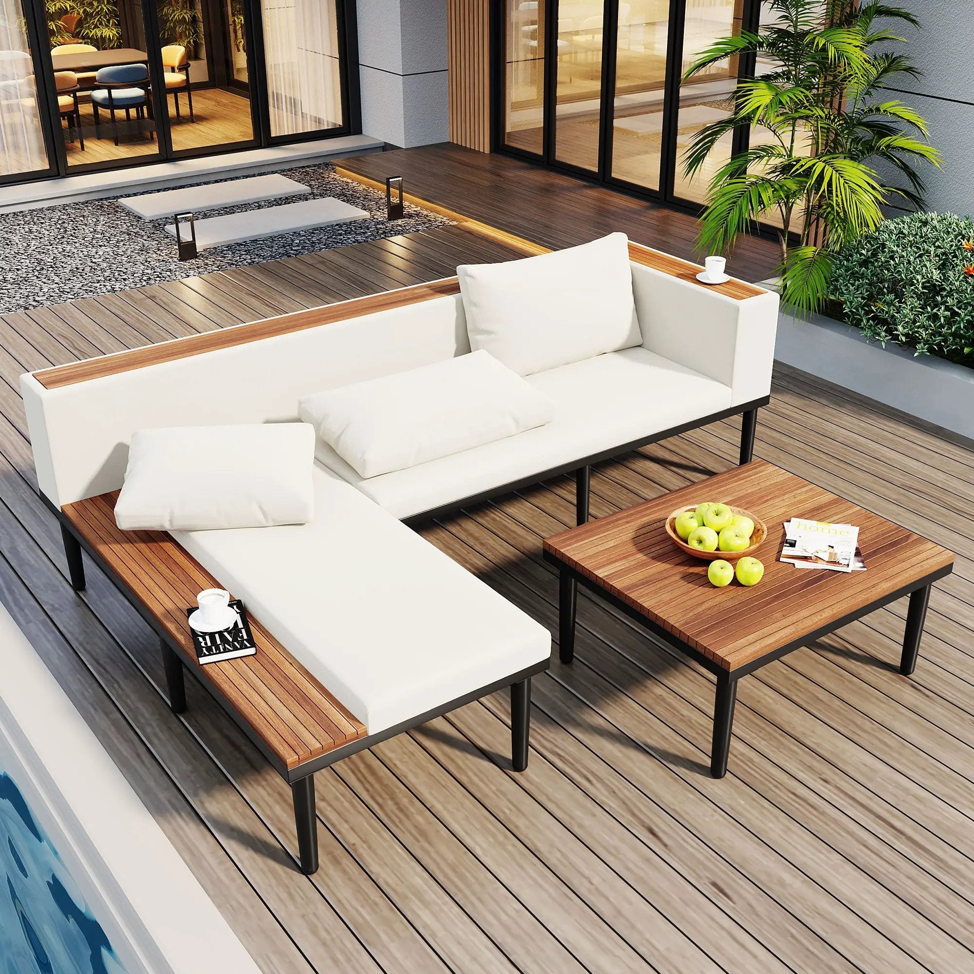 Luxury L-Shaped Acacia Wood Patio Furniture Set with Cushions by HouseOfZazla