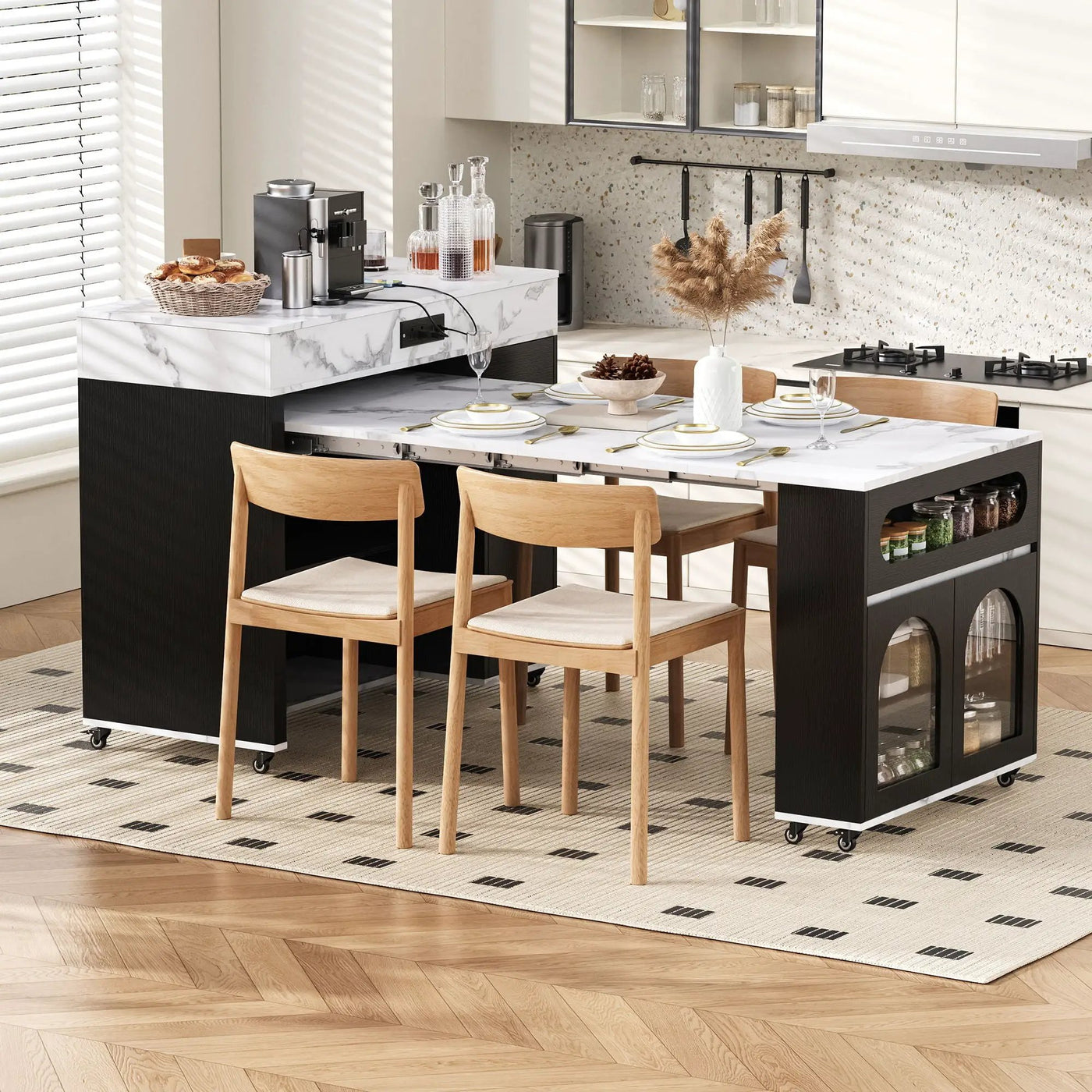 Extendable Dining Table With Folding Top, Rolling Kitchen Island With Drawers And Power Outlet by Unique Piece Furniture