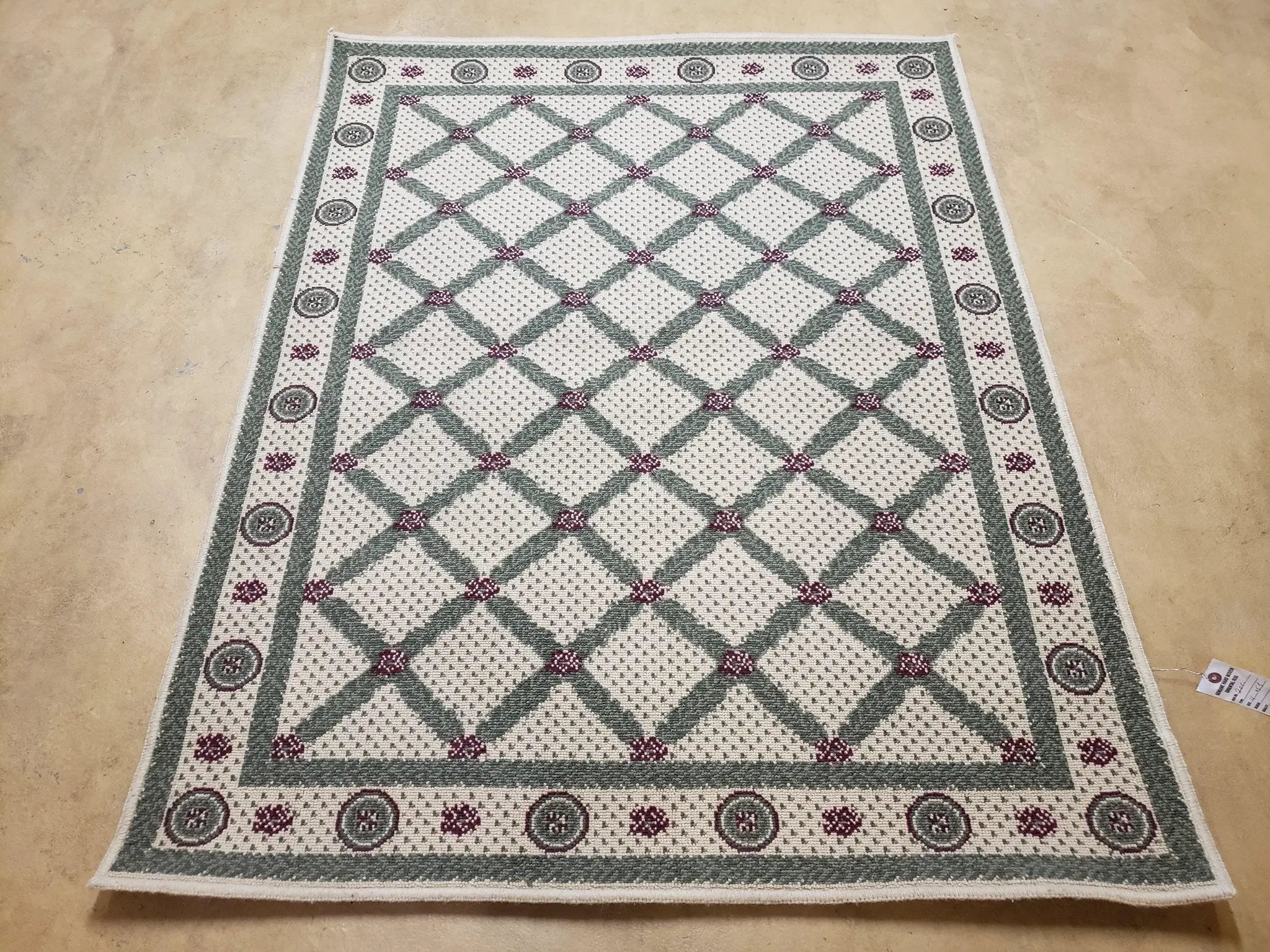 4x5 Panel Design Rug, 4' x 5' Power-Loomed Vintage Rug, Beige & Pine Green Carpet by Jewel Rugs