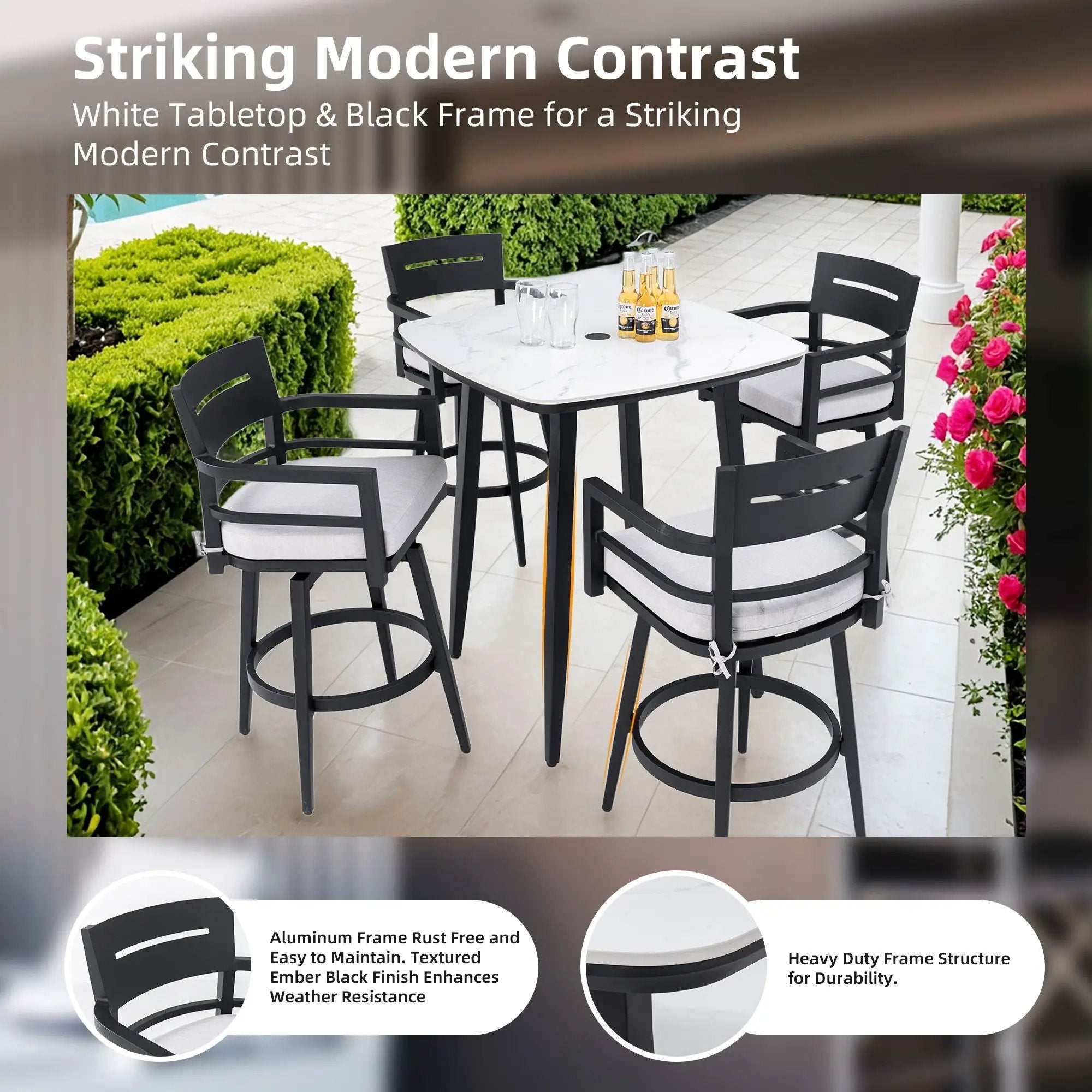 Modern Outdoor Patio Bar Set, Rounded Square Table & Bar Chairs, Non Rust Frame, Tapered Legs, Sunbrella Cushion by HouseOfZazla