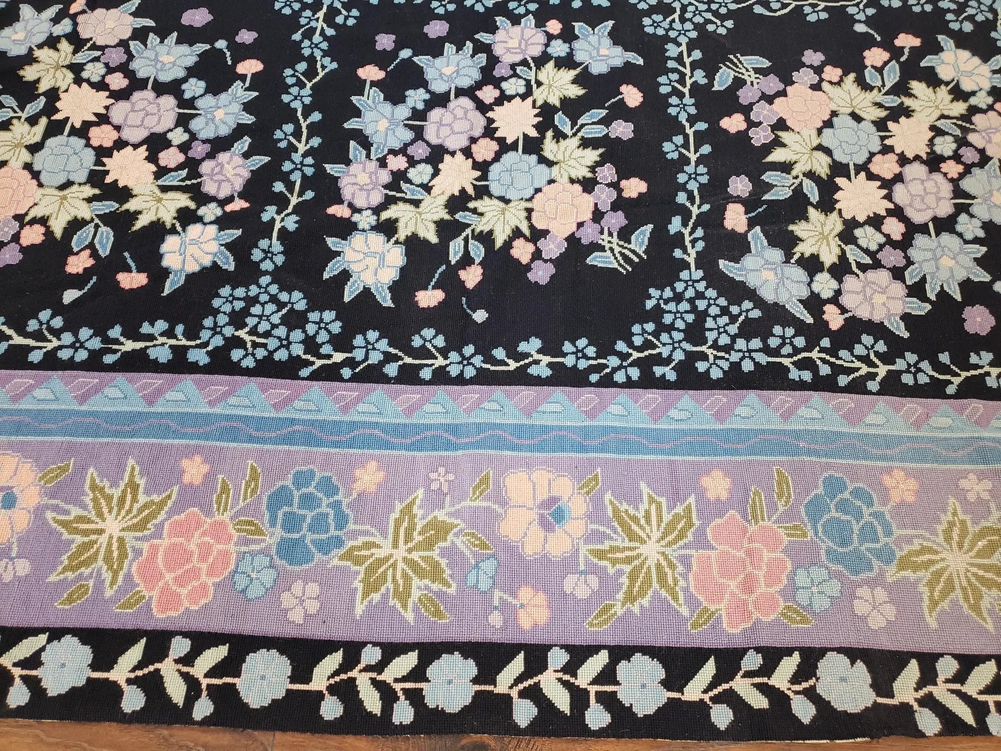 Chinese Needlepoint Rug 8 x 11.4, Hand-Woven Area Carpet, Flatweave Rug, Black Blue Light Violet Floral Garden European Design Wool Aubusson by Jewel Rugs