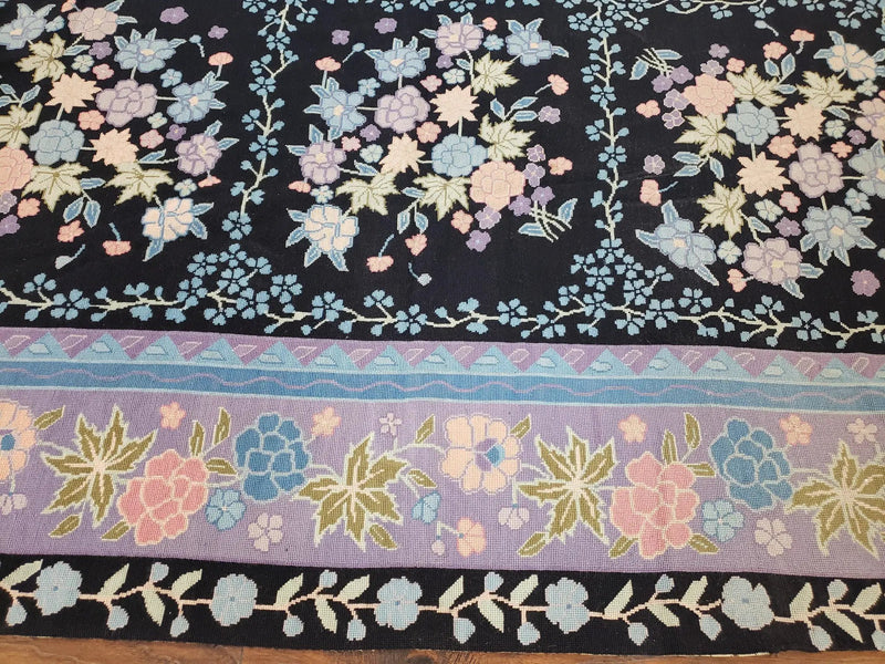 Chinese Needlepoint Rug 8 x 11.4, Hand-Woven Area Carpet, Flatweave Rug, Black Blue Light Violet Floral Garden European Design Wool Aubusson by Jewel Rugs