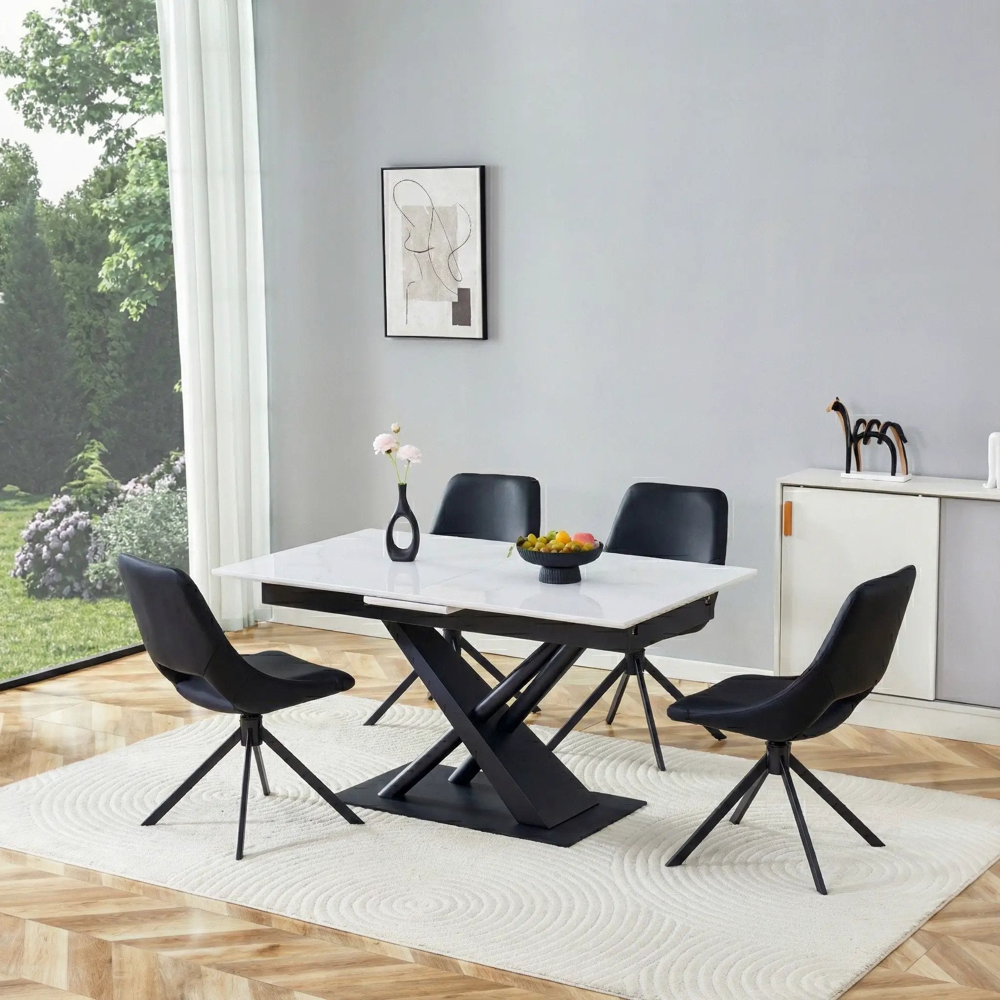 Dining Table With Geometric X Frame For Kitchen Or Dining Room - White Marble by Unique Piece Furniture