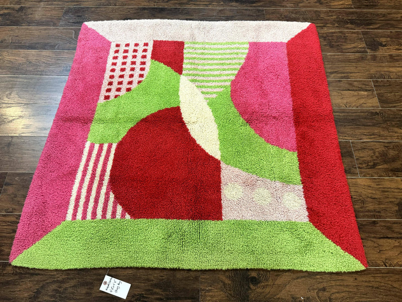 European Shag Rug 4.8 x 4.8, Modern Abstract Design, Green Pink Red, Square Shag Rug, Unique by Jewel Rugs
