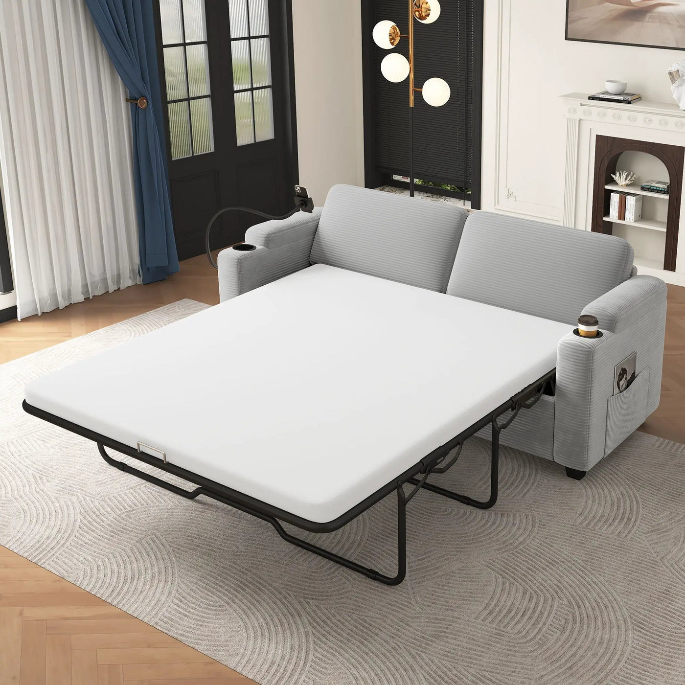 Sleeper Sofa Loveseat Sofa With Full Size Mattress, 2 USB Ports, 2 Cup Holders, 2 Side Pockets And Phone Holder by HouseOfZazla