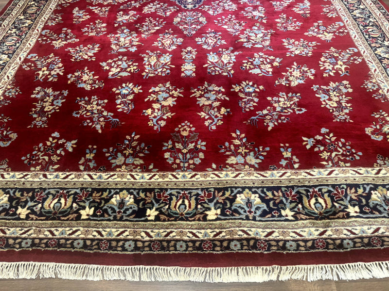 Indo Persian Sarouk Rug 10x14, Large Red and Navy Blue Carpet, Traditional Floral Wool Rug by Jewel Rugs