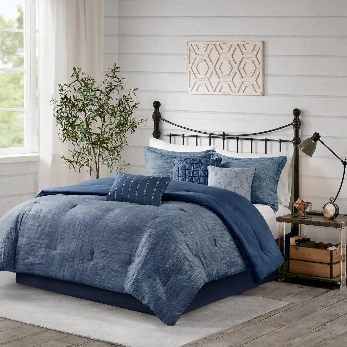 7 Piece Printed Seersucker Comforter Set Navy King by HouseOfZazla
