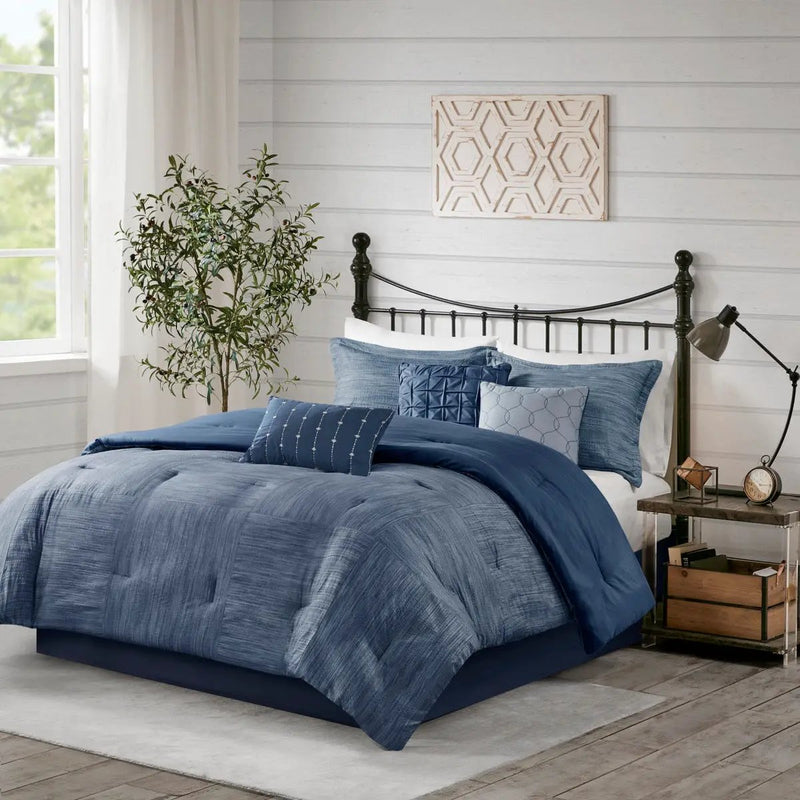 7 Piece Printed Seersucker Comforter Set Navy King by HouseOfZazla