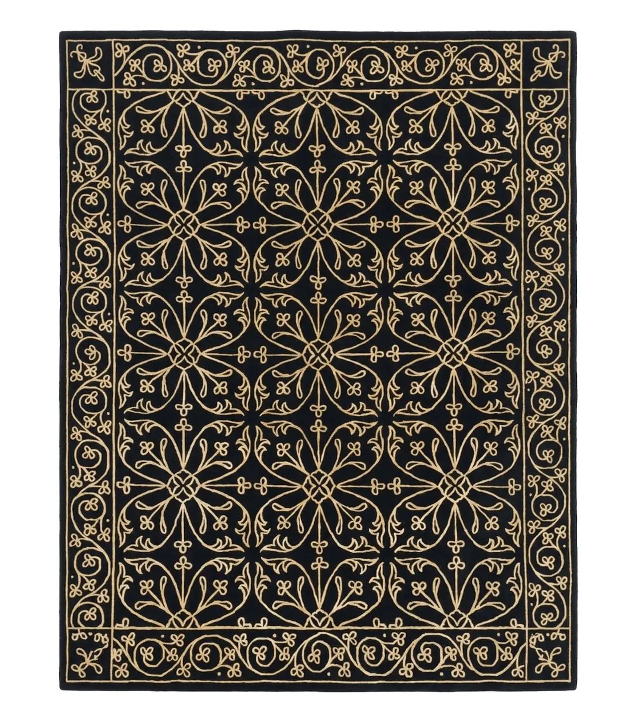 Tibetan Rug 8x10, Wool and Silk, Raised Pattern, Black and Gold, Floral by Jewel Rugs