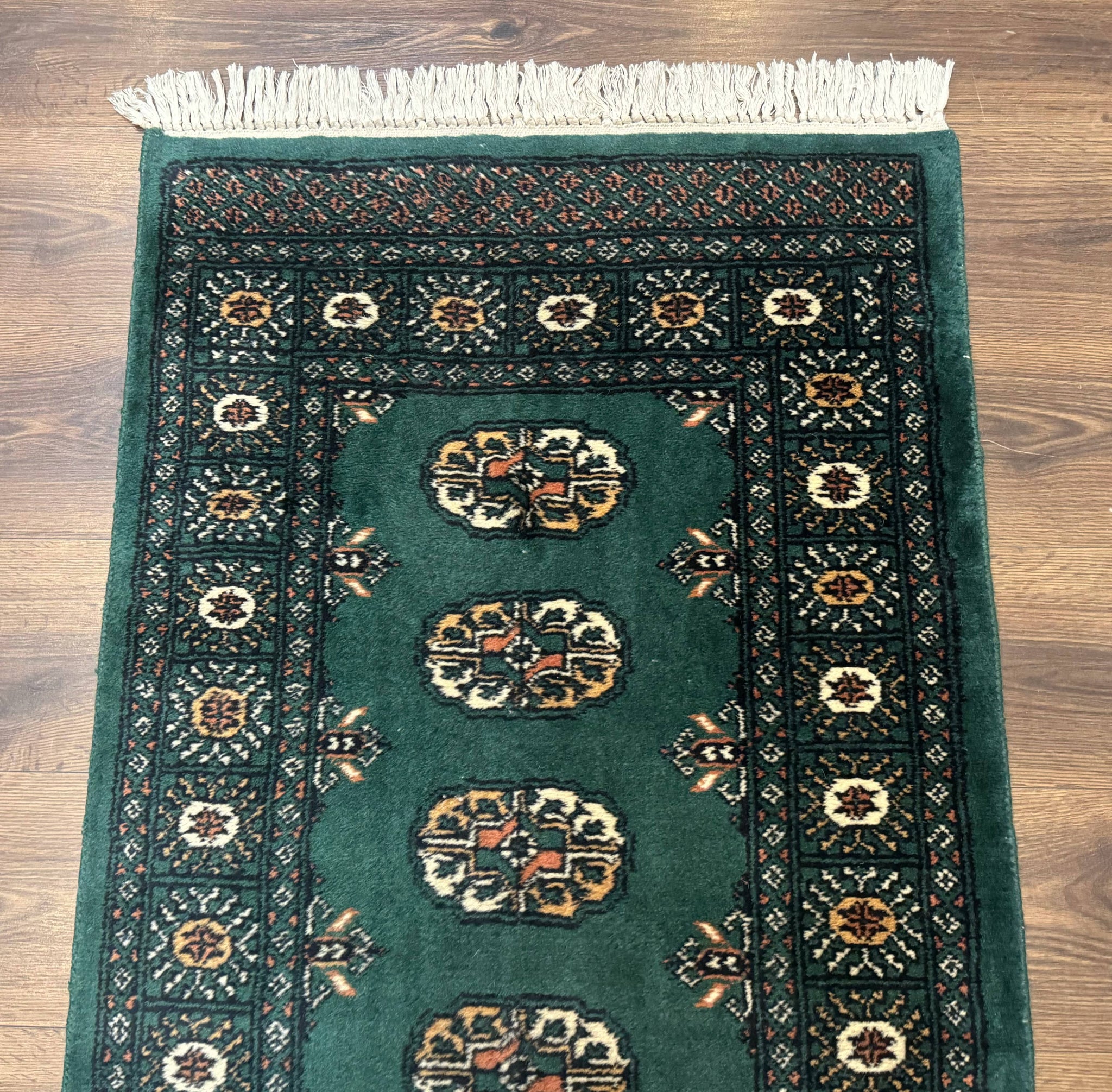 Pakistani Bokhara Runner Rug 2.5 x 11, Green Turkoman Wool Runner for Hallway by Jewel Rugs