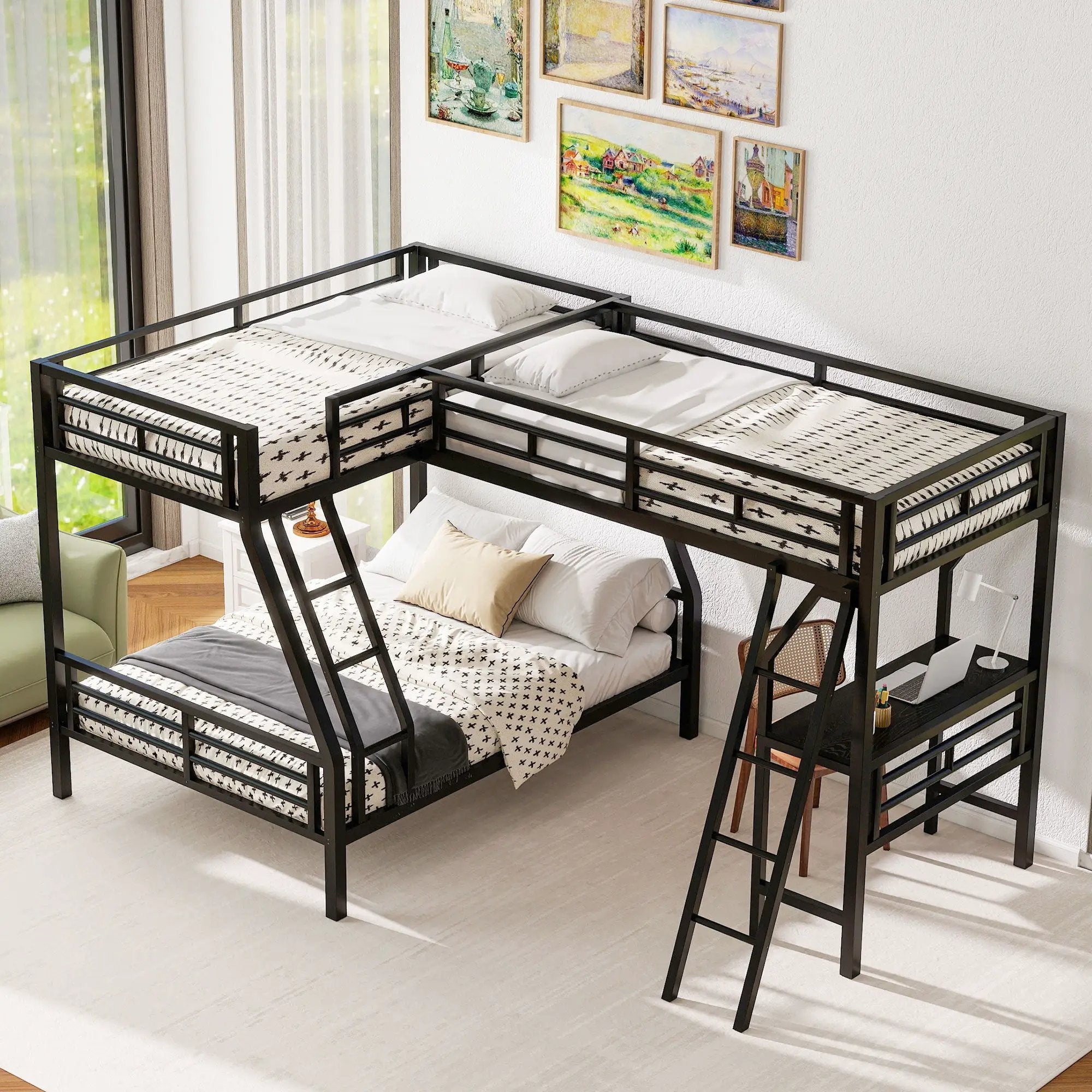 Twin Over Full Bunk Bed With Loft And Desk, L-Shaped Design For 3 Sleepers - Black by Unique Piece Furniture