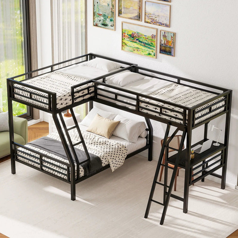 Twin Over Full Bunk Bed With Loft And Desk, L-Shaped Design For 3 Sleepers - Black by HouseOfZazla