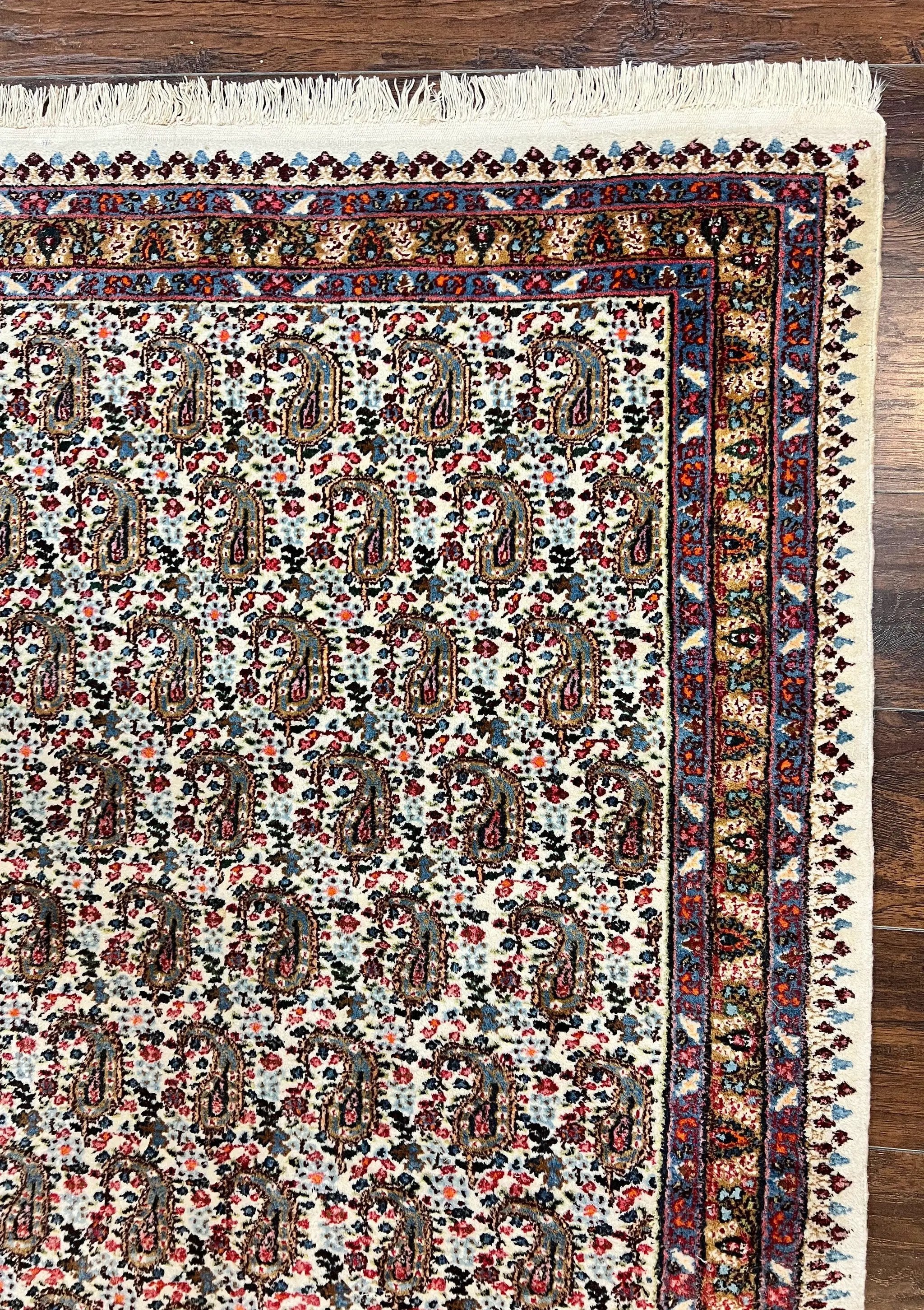 Persian Rug 4x6, Mashad Kashmar Rug, Boteh Paisley Design, Allover Repeated Pattern, Ivory Hand Knotted Vintage Semi Antique Persian Oriental Carpet by Jewel Rugs