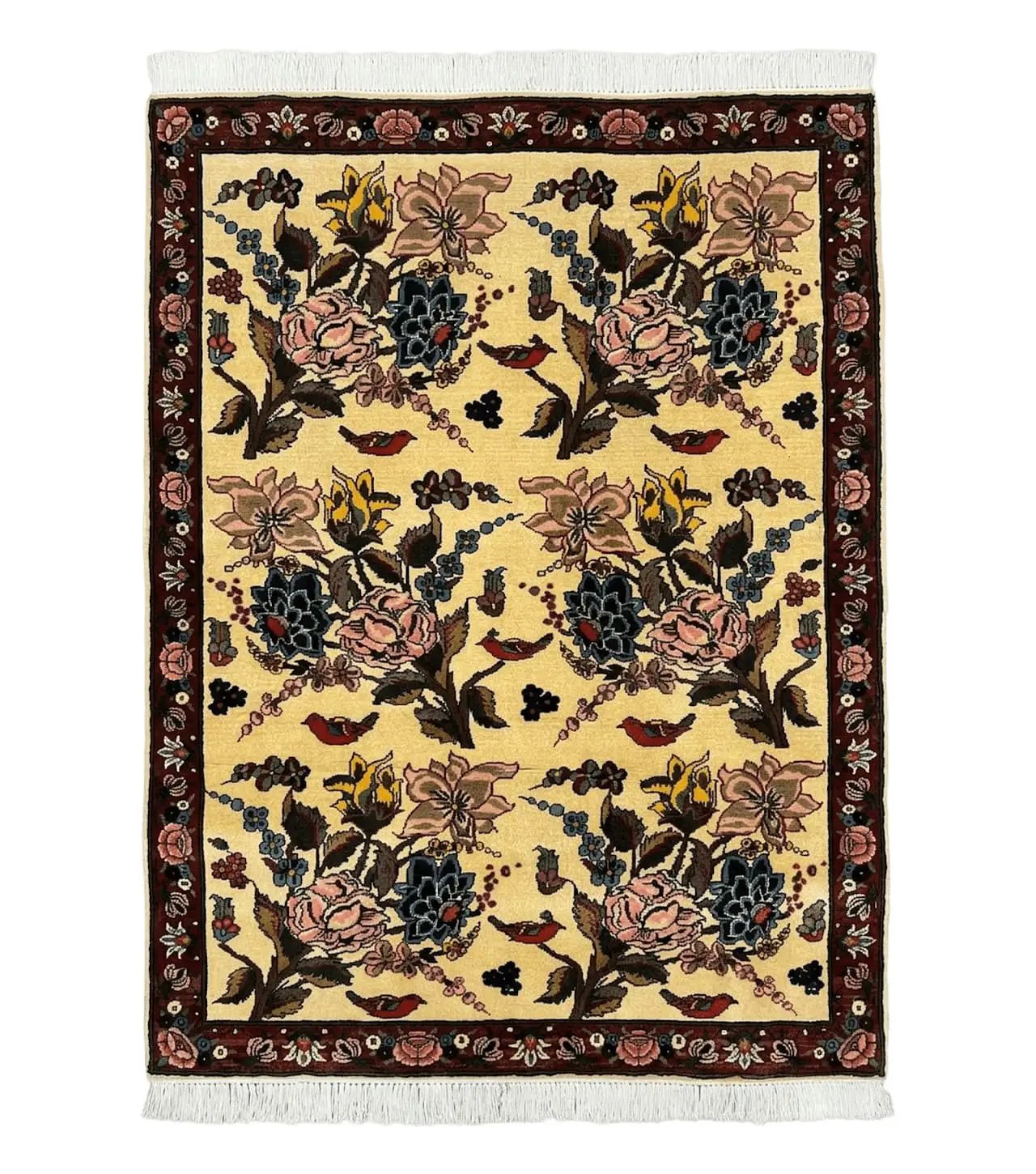 Persian Bidjar Rug 3.6 x 5 ft, Repeated Floral Motifs, Roses and Birds, Cream Burgundy, Fine Wool Oriental Bijar Carpet, Vintage Traditional Area Rug by Jewel Rugs